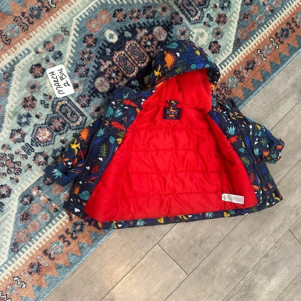 The Children's Place Toddler Boys Dinosaur Winter Coat 2T Zip Hood Puff Colorful